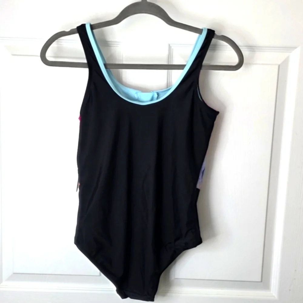 Justice Bazooka Logo Girls One-Piece Zip Front Junior Swimsuit. NEW